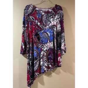 Chicos Travelers Womens 3 16/18 Paisley Asymmetrical Tunic Top 3/4 Sleeve Slinky